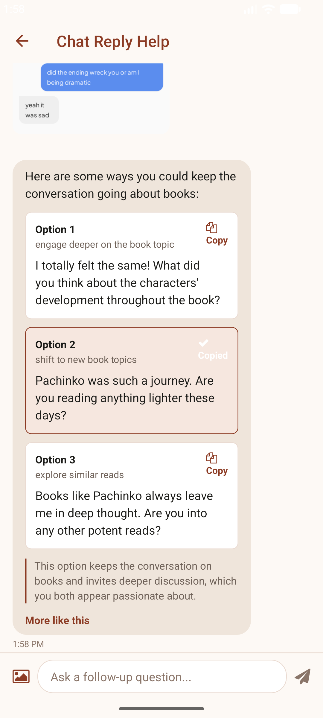 Firstline chat reply options with copy controls