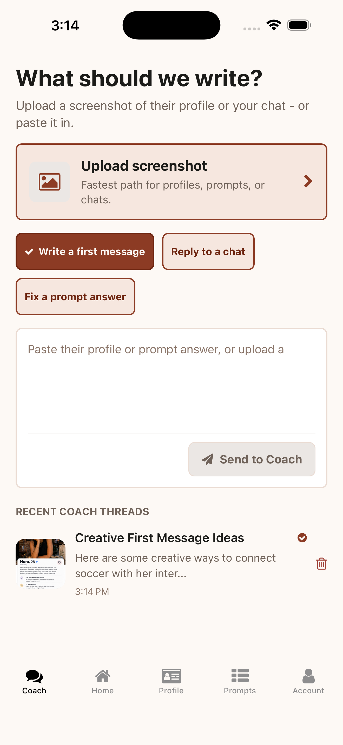 Firstline Coach screen with screenshot upload and writing options
