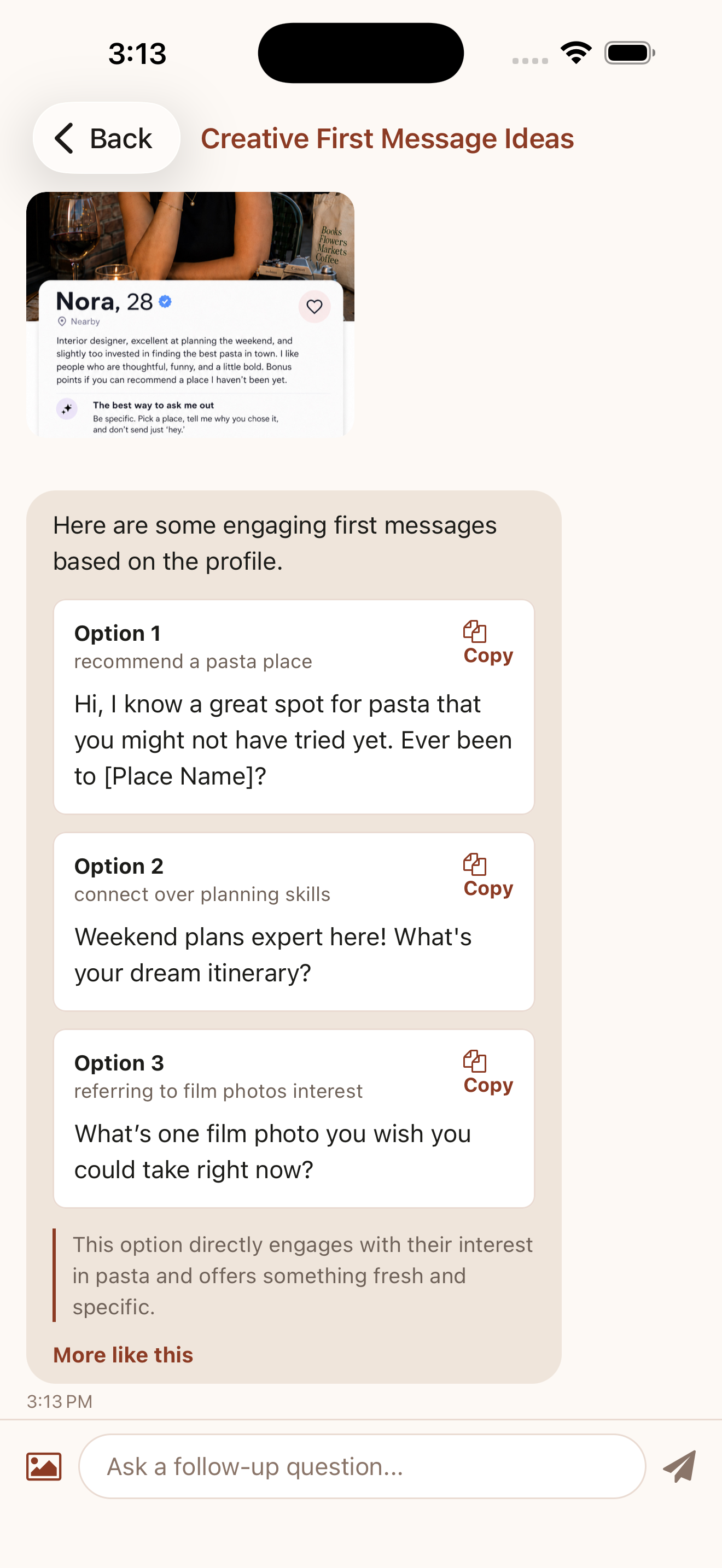 Firstline first-message options generated from a dating profile screenshot